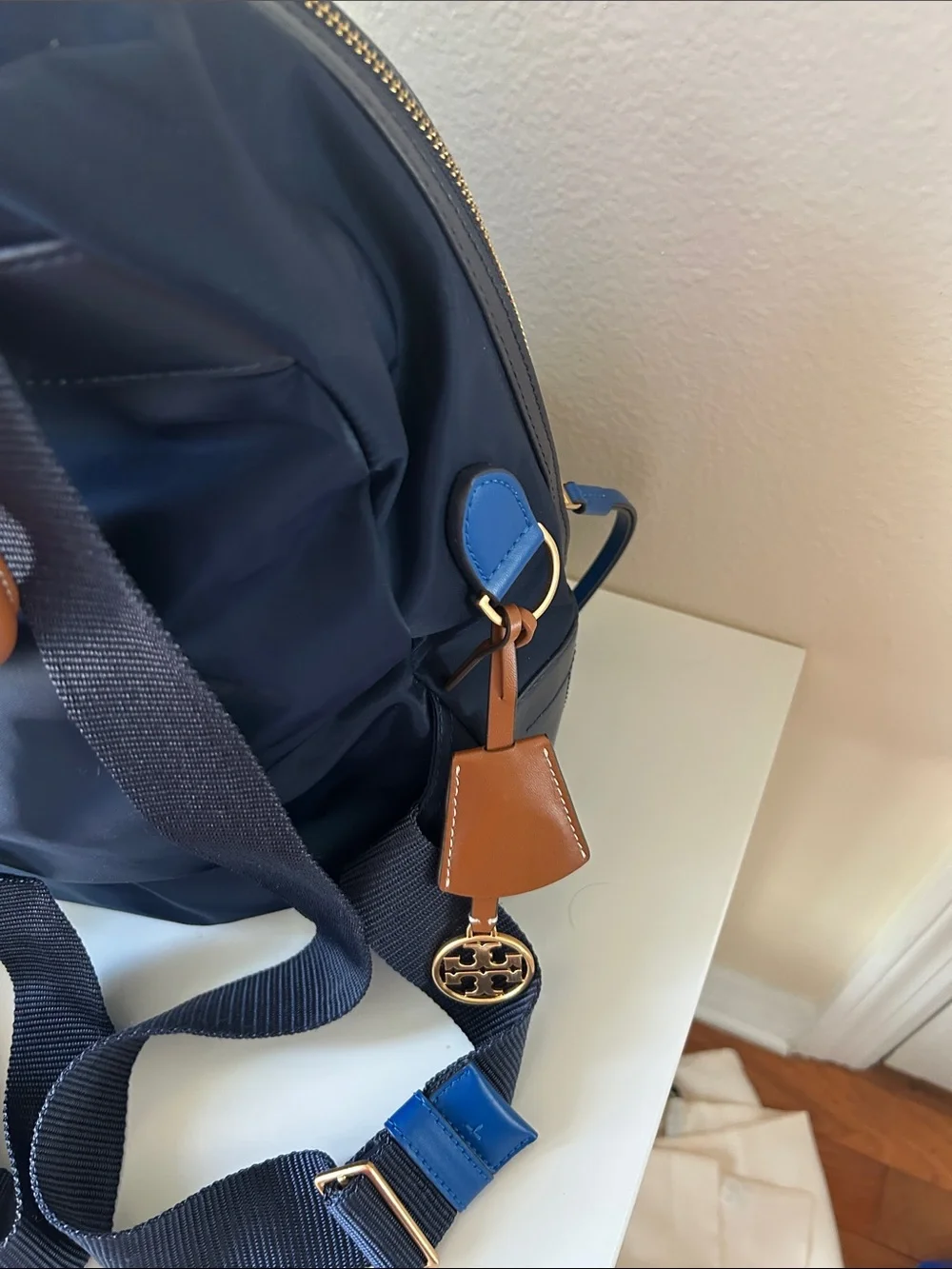 Tory Burch Navy Backpack with Bright Blue Zip Accents
